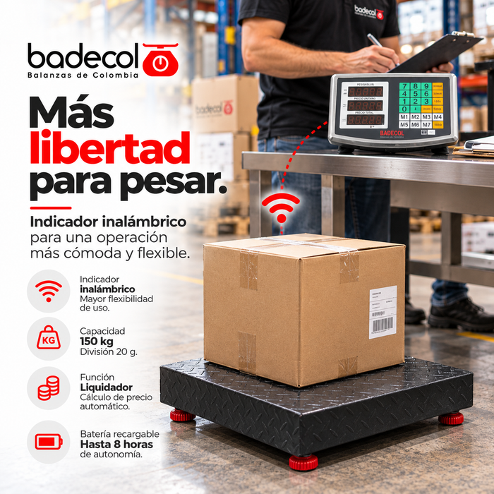 Báscula Inalámbrica Industrial 150KG Badecol,  es ideal para pesar paquetes de tamaño mediano, de mayor uso en el área industrial, dado que por su tamaño y capacidad, favorece el recibo o despacho de mercancía en medianas cantidades o pesos.