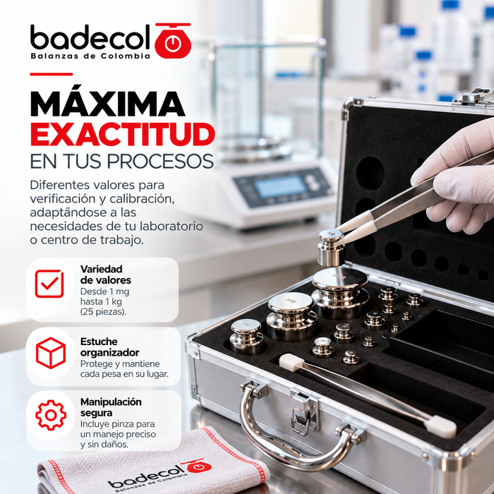 Pesas patrón clase M1 de precisión media o de trabajo, destinadas para la verificación o calibración instrumentos de pesaje. Certificables, fabricadas en acero inoxidable con acabado brillo espejo, de diseño cilíndrico, con cavidad de ajuste y alta resistencia a la corrosión.
