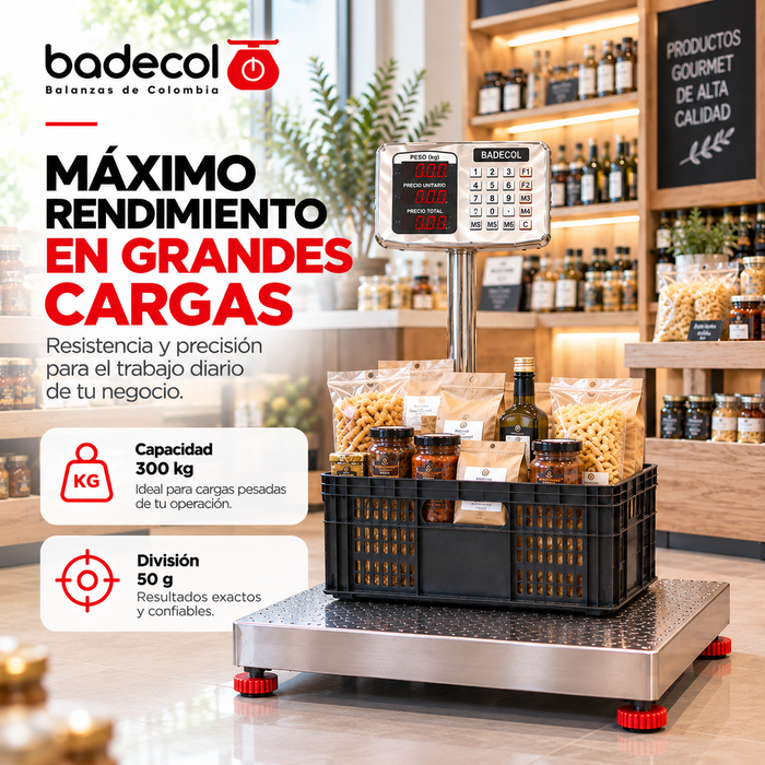 La bascula de piso industrial Badecol, cuenta con estructura reforzada y cubierta en Acero Inoxidable. Su fácil manejo y precisión son características que permiten que esta báscula trabaje en ambientes comerciales e industriales.