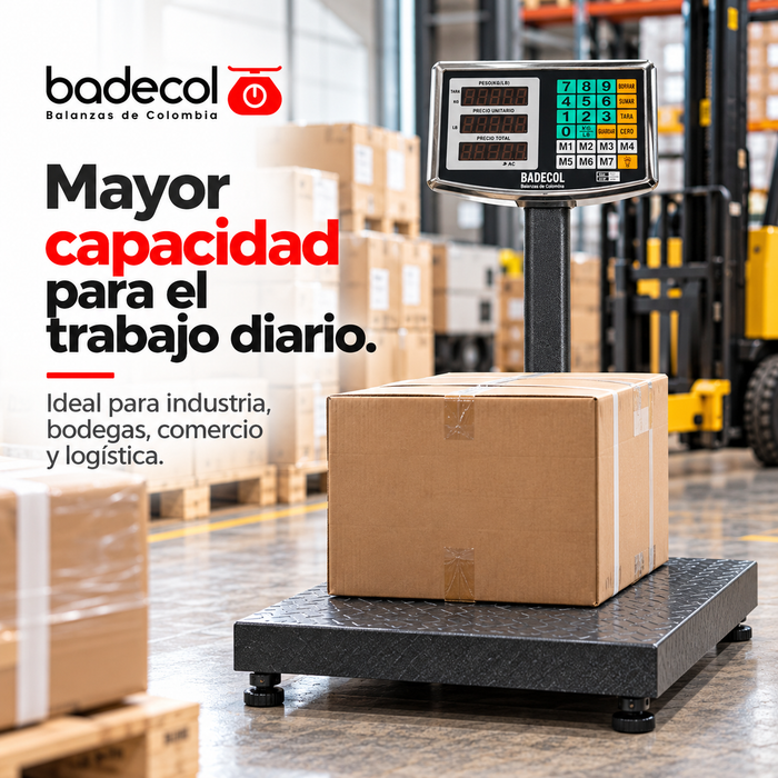 Bascula Balanza Ideal para pesar paquetes de tamaño mediano, es utilizada con mayor frecuencia en el área industrial, ya que por su tamaño y capacidad para pesar, favorece el recibo o despacho de mercancía en medianas cantidades o pesos. Cuenta con estructura reforzada y cubierta en lámina alfajor. Su fácil manejo y precisión son características que permiten que esta báscula trabaje en ambientes comerciales e industriales