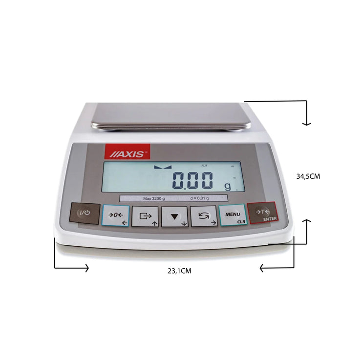 La balanza Axis de alta precisión, Clase II, calibración automática, display grafico LCD, con puertos de comunicación RS232C y USB. Puede ser usada en aplicaciones de metrología legal si se solicita con declaración de conformidad, cuenta con certificación CE, cumple GLP, cuenta con funciones especiales para conteo de piezas, peso por porcentaje, acumulación de pesadas, y pesaje colgante