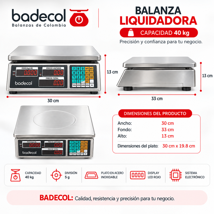 La Balanza Liquidadora Badecol 40 kg es ideal para tiendas, fruver, graneros y negocios que venden productos por peso. Su sistema de cálculo automático permite visualizar peso, precio y valor total de forma rápida y precisa, facilitando la atención al cliente y reduciendo errores en cada venta.
