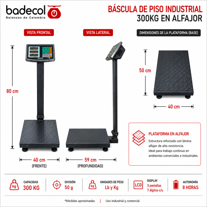Bascula Balanza Ideal para pesar paquetes de tamaño mediano, es utilizada con mayor frecuencia en el área industrial, ya que por su tamaño y capacidad para pesar, favorece el recibo o despacho de mercancía en medianas cantidades o pesos. Cuenta con estructura reforzada y cubierta en lámina alfajor. Su fácil manejo y precisión son características que permiten que esta báscula trabaje en ambientes comerciales e industriales