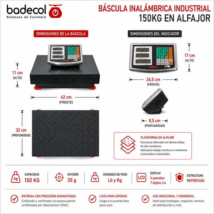 Báscula Inalámbrica Industrial 150KG Badecol,  es ideal para pesar paquetes de tamaño mediano, de mayor uso en el área industrial, dado que por su tamaño y capacidad, favorece el recibo o despacho de mercancía en medianas cantidades o pesos.
