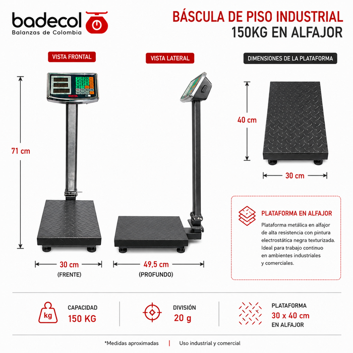 Una de las básculas de piso industriales preferidas por empresas e industrias en Colombia.

La báscula industrial Badecol está diseñada para operaciones que requieren precisión, resistencia y confiabilidad en los procesos de pesaje. Su estructura reforzada con cubierta en lámina alfajor soporta trabajo continuo en bodegas, centros de distribución, plantas de producción y áreas de despacho.

Gracias a su fácil operación y excelente desempeño, es una solución ideal para el control de peso de mercancías