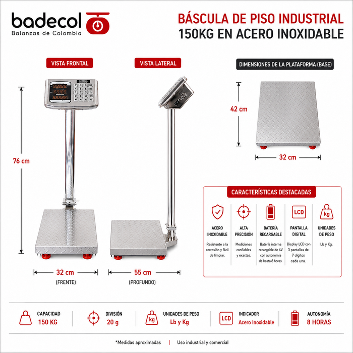 La bascula de piso industrial Badecol, cuenta con estructura reforzada y cubierta en Acero Inoxidable. Su fácil manejo y precisión son características que permiten que esta báscula trabaje en ambientes comerciales e industriales.