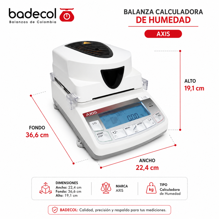 Determinador de humedad Axis - Medición rápida y precisa con infrarroja. Visualiza el secado en tiempo real, reportes impresos y conexión de teclado.