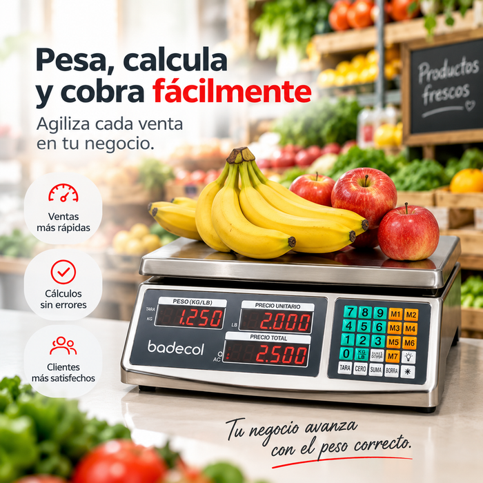 La Balanza Liquidadora Badecol 40 kg es ideal para tiendas, fruver, graneros y negocios que venden productos por peso. Su sistema de cálculo automático permite visualizar peso, precio y valor total de forma rápida y precisa, facilitando la atención al cliente y reduciendo errores en cada venta.