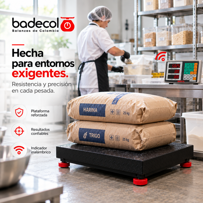Báscula Inalámbrica Industrial 300KG Badecol,  es ideal para pesar paquetes de tamaño mediano, de mayor uso en el área industrial, dado que por su tamaño y capacidad, favorece el recibo o despacho de mercancía en medianas cantidades o pesos.