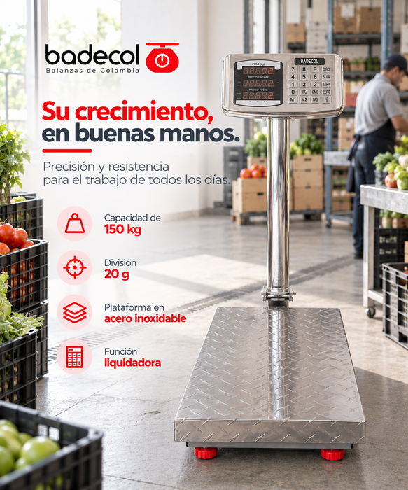 La bascula de piso industrial Badecol, cuenta con estructura reforzada y cubierta en Acero Inoxidable. Su fácil manejo y precisión son características que permiten que esta báscula trabaje en ambientes comerciales e industriales.