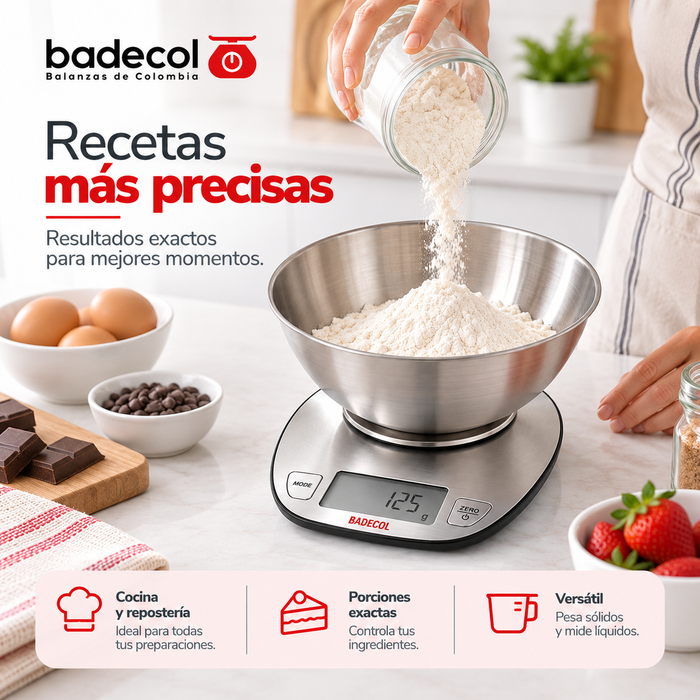 Balanza Gramera Digital Badecol CAP 5KG EK-4350, esta construida en acero inoxidable con bowl removible, pantalla LCD de fácil lectura, ideal para personas o negocios.