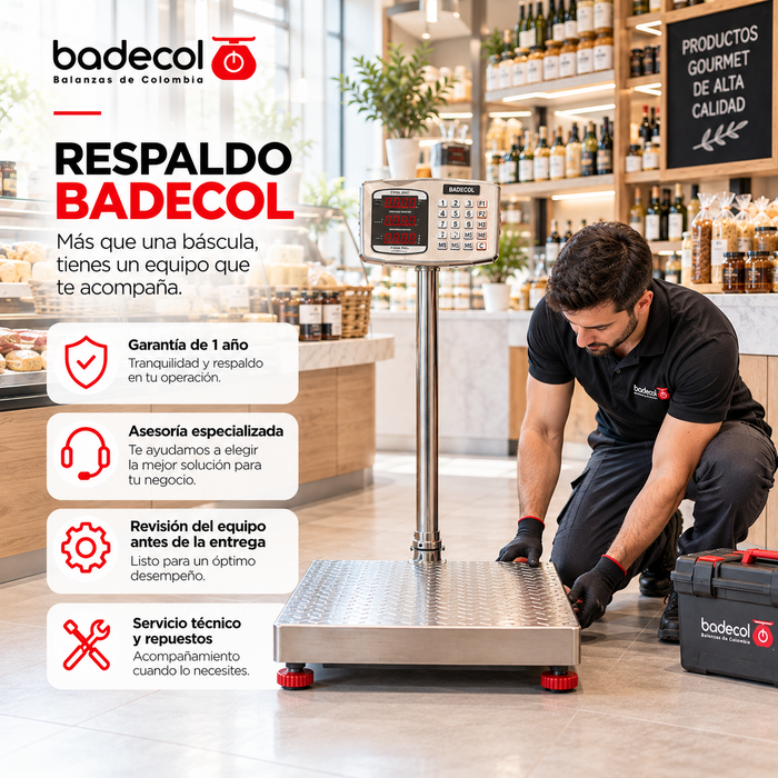 La bascula de piso industrial Badecol, cuenta con estructura reforzada y cubierta en Acero Inoxidable. Su fácil manejo y precisión son características que permiten que esta báscula trabaje en ambientes comerciales e industriales.