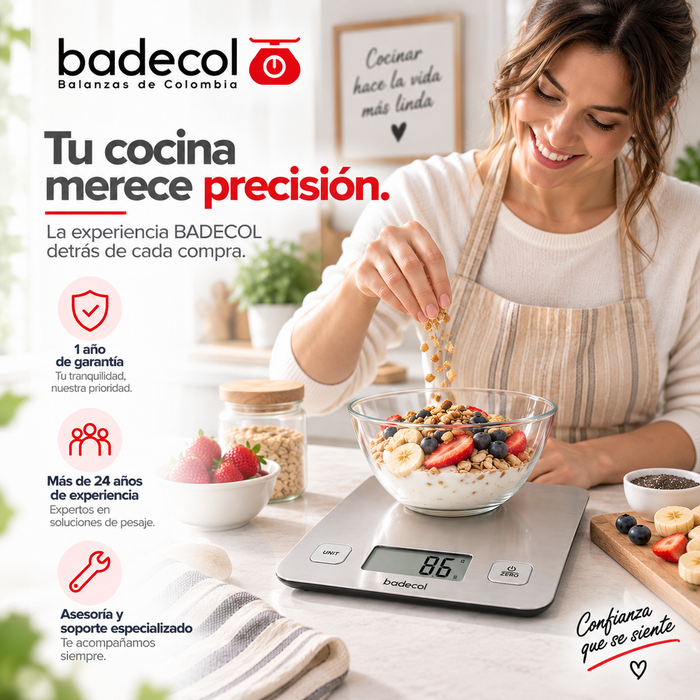 La Balanza Gramera Digital BADECOL EK-8810 combina precisión, diseño y facilidad de uso para ayudarte a controlar mejor las cantidades en cada preparación.

Cuenta con capacidad de hasta 5 kg y división de 1 g, ideal para pesar ingredientes, controlar porciones y preparar recetas de cocina, repostería y panadería. Su superficie en acero inoxidable ofrece un acabado moderno, resistente y fácil de limpiar.

Además, permite medir el volumen de agua y leche, convirtiéndose en una herramienta práctica para difer