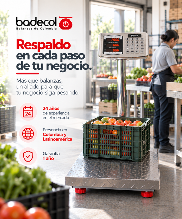 La bascula de piso industrial Badecol, cuenta con estructura reforzada y cubierta en Acero Inoxidable. Su fácil manejo y precisión son características que permiten que esta báscula trabaje en ambientes comerciales e industriales.