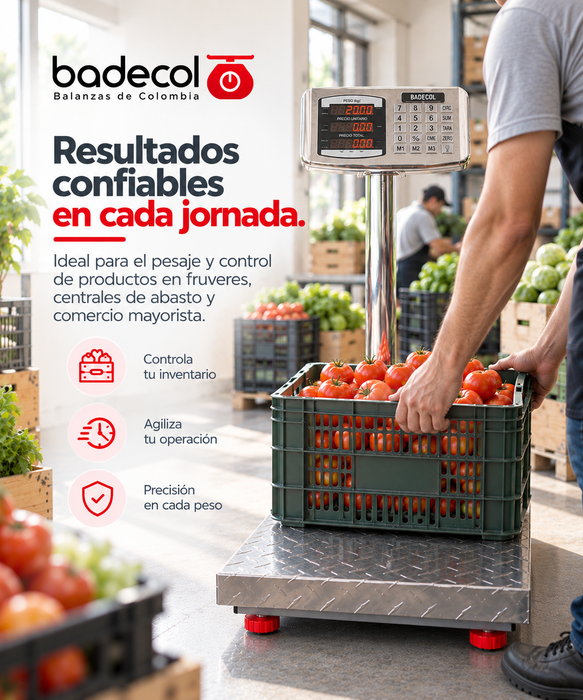 La bascula de piso industrial Badecol, cuenta con estructura reforzada y cubierta en Acero Inoxidable. Su fácil manejo y precisión son características que permiten que esta báscula trabaje en ambientes comerciales e industriales.