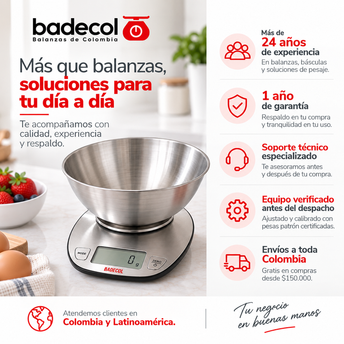 Balanza Gramera Digital Badecol CAP 5KG EK-4350, esta construida en acero inoxidable con bowl removible, pantalla LCD de fácil lectura, ideal para personas o negocios.