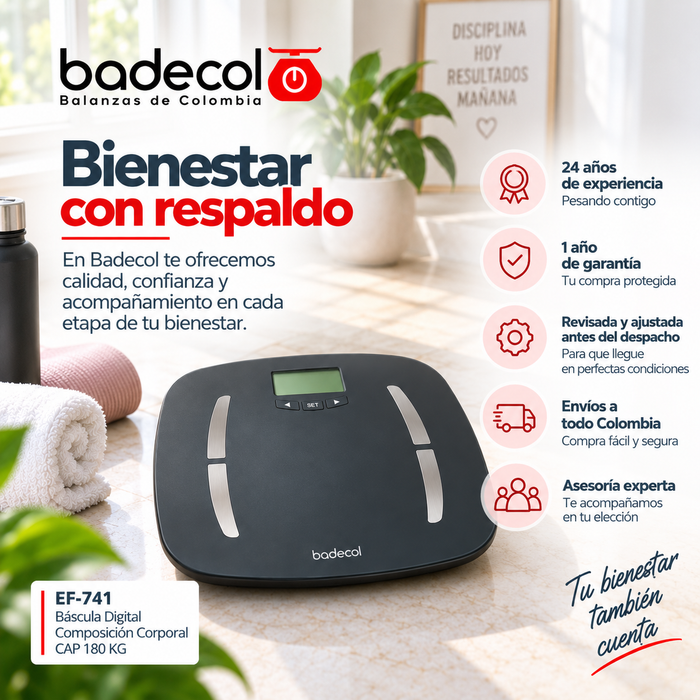 Báscula digital pesa persona Badecol con medición corporal, ideal para controlar el peso y hacer seguimiento de indicadores como porcentaje de grasa, masa muscular, agua corporal, masa ósea y calorías.

Su diseño electrónico permite realizar mediciones prácticas en casa, gimnasios, consultorios de nutrición, centros de bienestar y espacios de control personal.