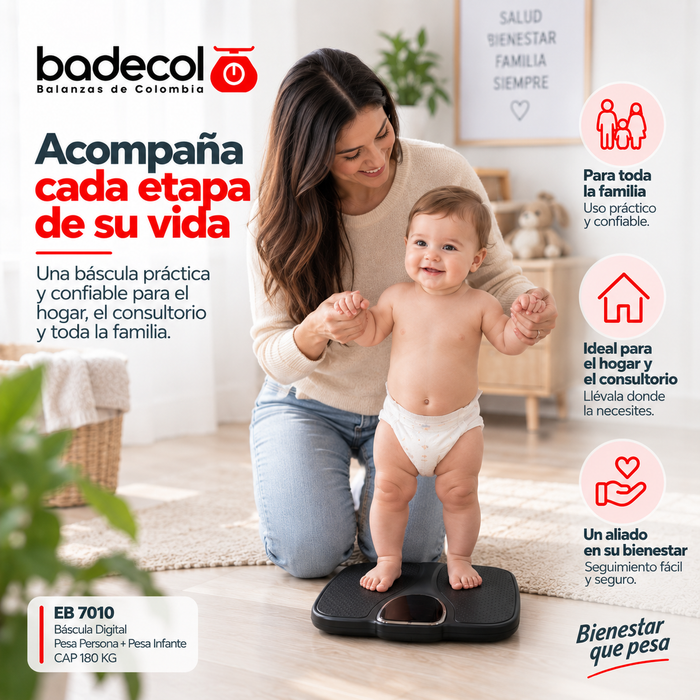 Bascula Balanza Badecol que Por su modelo, capacidad y facilidad de manejo, este modelo es uno de los más atractivos para Pesar a la madres y sus infantes o bebes en consultorios, hospitales, centros médicos, entre otras entidades de salud. Ideal para Seguimiento de peso para personas. Fácil de usar. Fácil de transportar gracias a su peso y material de fabricación en plástico, especialmente diseñada para uso médico o del hogar.
