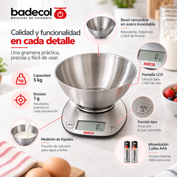 Balanza Gramera Digital Badecol CAP 5KG EK-4350, esta construida en acero inoxidable con bowl removible, pantalla LCD de fácil lectura, ideal para personas o negocios.