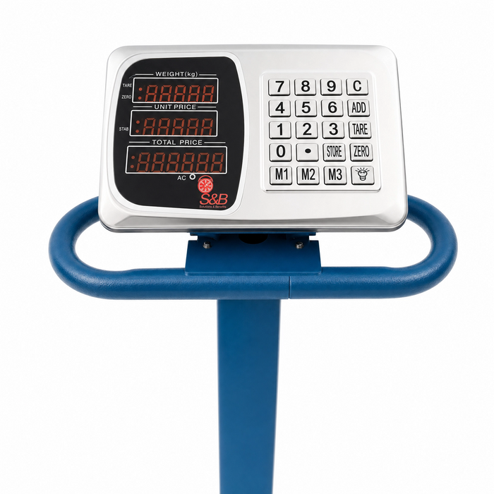Báscula de plataforma industrial con indicador digital Diseñada para comercios, bodegas y puntos de venta que requieren pesaje preciso y rápido. Cuenta con pantalla LED triple (peso, precio unitario y precio total), teclado numérico integrado, y estructura en acero de alta resistencia.