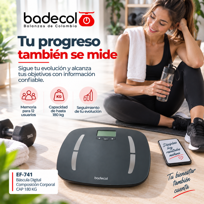 Báscula digital pesa persona Badecol con medición corporal, ideal para controlar el peso y hacer seguimiento de indicadores como porcentaje de grasa, masa muscular, agua corporal, masa ósea y calorías.

Su diseño electrónico permite realizar mediciones prácticas en casa, gimnasios, consultorios de nutrición, centros de bienestar y espacios de control personal.