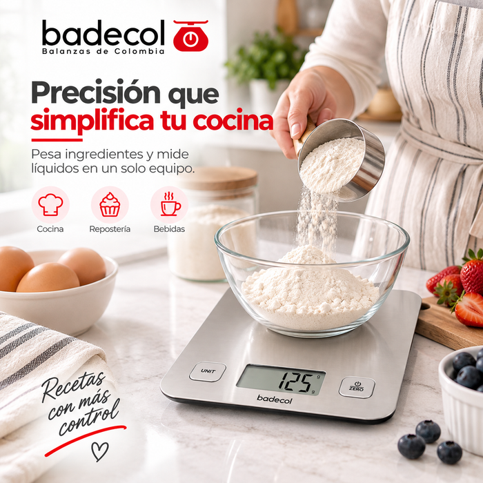 La Balanza Gramera Digital BADECOL EK-8810 combina precisión, diseño y facilidad de uso para ayudarte a controlar mejor las cantidades en cada preparación.

Cuenta con capacidad de hasta 5 kg y división de 1 g, ideal para pesar ingredientes, controlar porciones y preparar recetas de cocina, repostería y panadería. Su superficie en acero inoxidable ofrece un acabado moderno, resistente y fácil de limpiar.

Además, permite medir el volumen de agua y leche, convirtiéndose en una herramienta práctica para difer