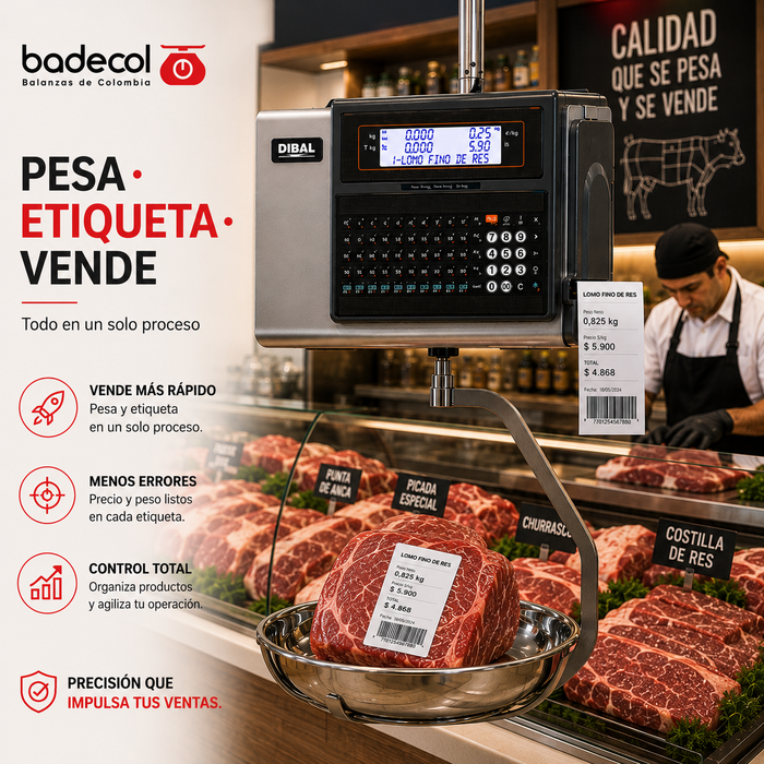 La Balanza Marca Dibal es un balanza para carniceria, contiene impresora de etiquetas o ticket, esta construida en Acero Inoxidable, tiene doble display LCD reto-iluminado tanto para comprador como para vendedor.