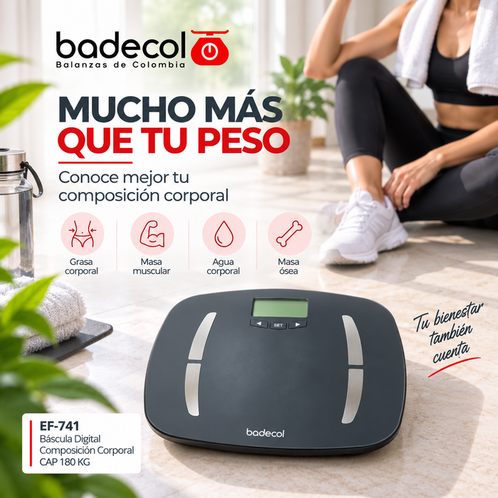 Báscula digital pesa persona Badecol con medición corporal, ideal para controlar el peso y hacer seguimiento de indicadores como porcentaje de grasa, masa muscular, agua corporal, masa ósea y calorías.

Su diseño electrónico permite realizar mediciones prácticas en casa, gimnasios, consultorios de nutrición, centros de bienestar y espacios de control personal.