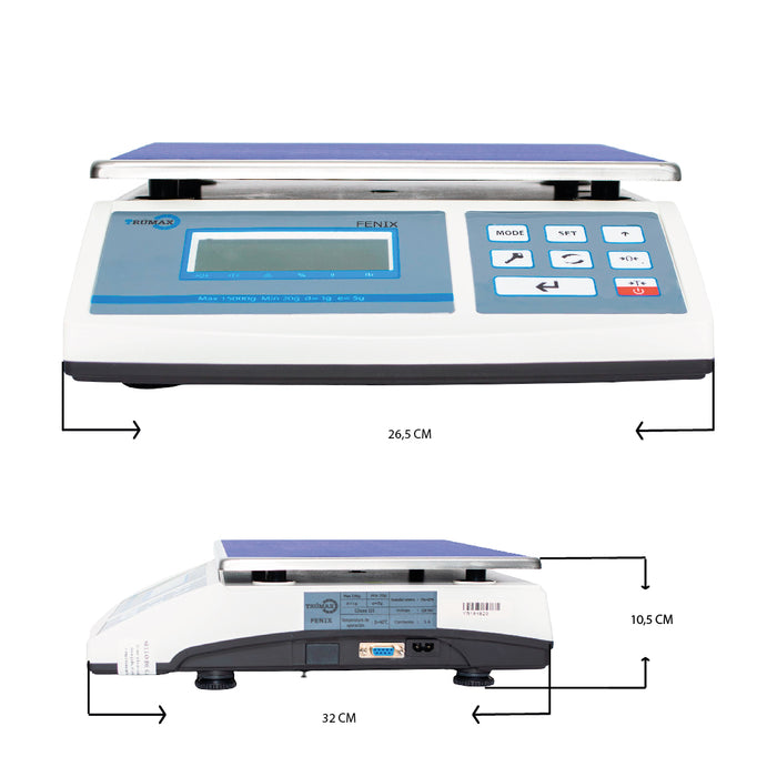 Balanza de Mesa Electrónica Solo Peso FENIX. cambio de unidades entre gramos y libras, peso porcentual, conteo de piezas por muestra, límites de peso.
