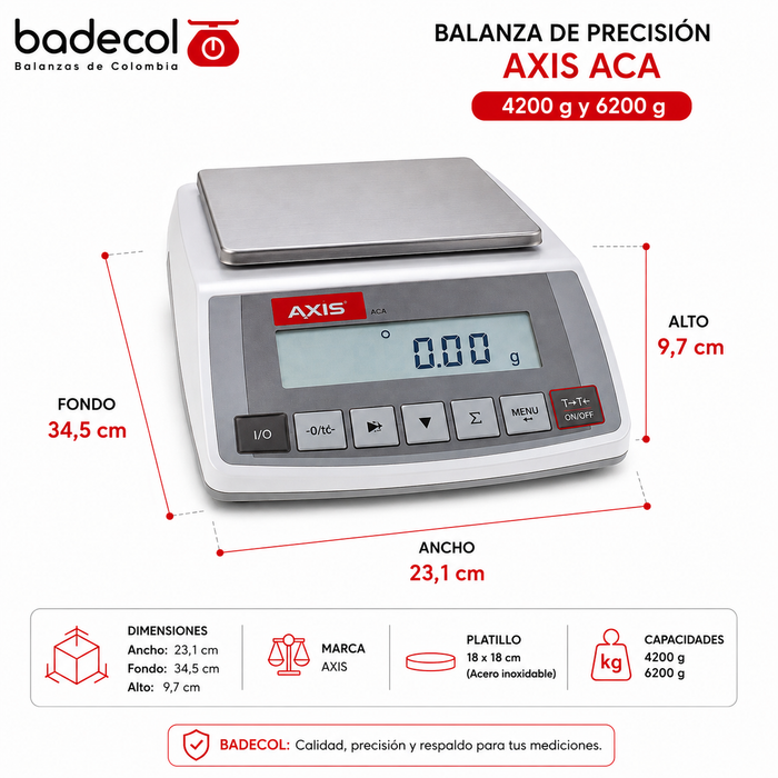 La balanza Axis de alta precisión, Clase II, calibración automática, display grafico LCD, con puertos de comunicación RS232C y USB. Puede ser usada en aplicaciones de metrología legal si se solicita con declaración de conformidad, cuenta con certificación CE, cumple GLP, cuenta con funciones especiales para conteo de piezas, peso por porcentaje, acumulación de pesadas, y pesaje colgante