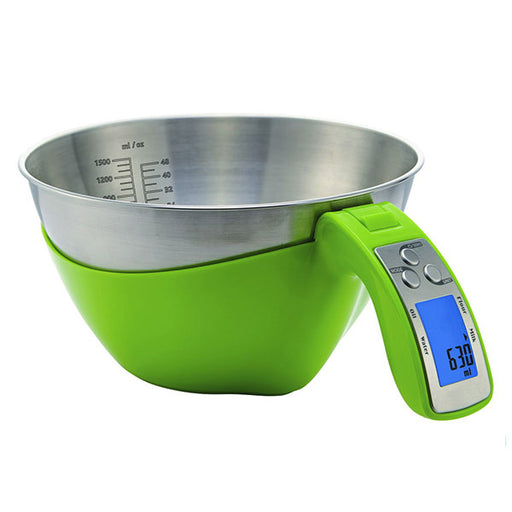 Bascula Balanza Gramera con 5 modos de medición, bowl en acero inoxidable removible de 1.5 lts, mide el volumen de la leche, agua, aceite y harina.